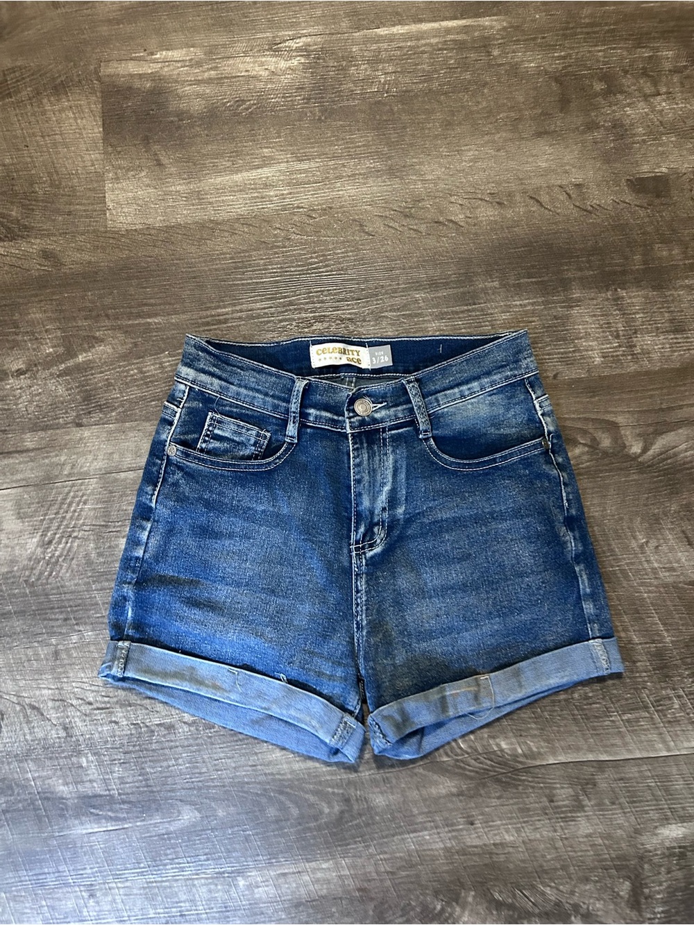 Celebrity Pink High-Rise Dark Blue Denim Roll-Cuff Shorts